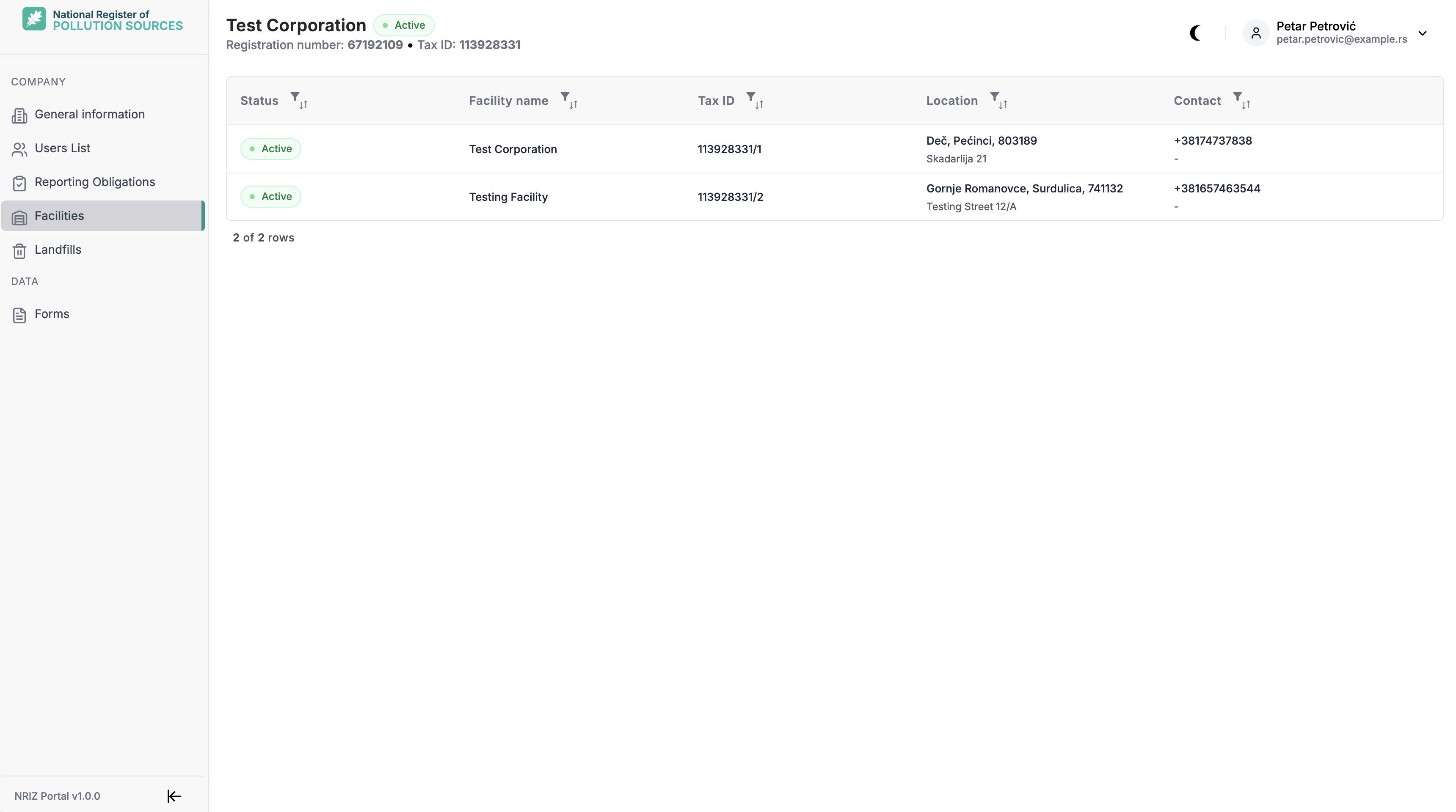 Facilities list in the portal showing facilities linked to the company.