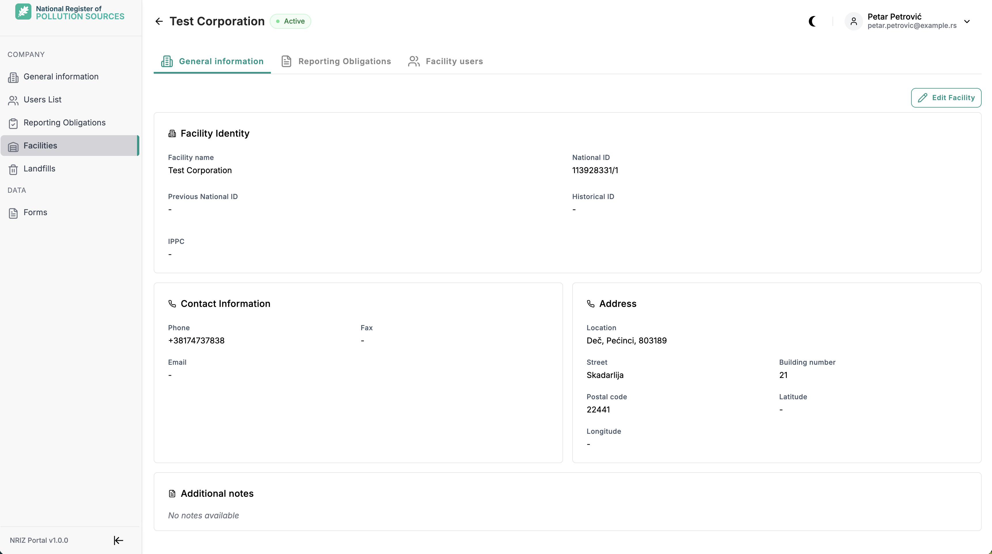 Facility detail General information tab with Facility Identity, Contact Information, Address, and Additional notes, and an Edit Facility action.