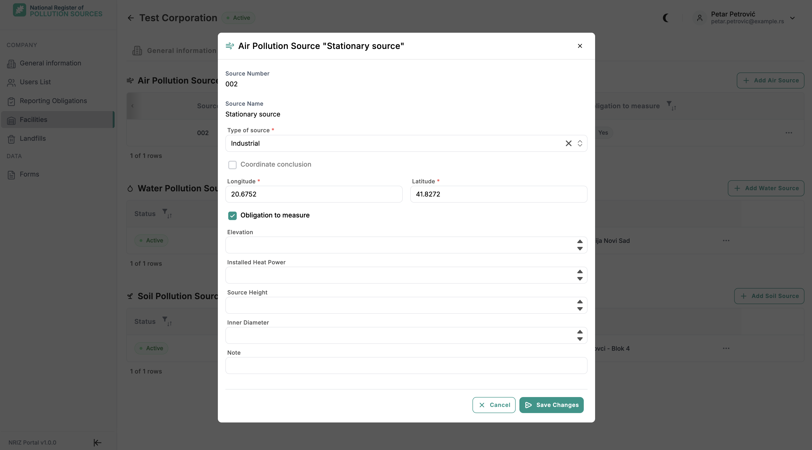 Air pollution source edit form with Source Number and Source Name read-only after creation, and Coordinate conclusion unchecked so Longitude and Latitude remain editable.
