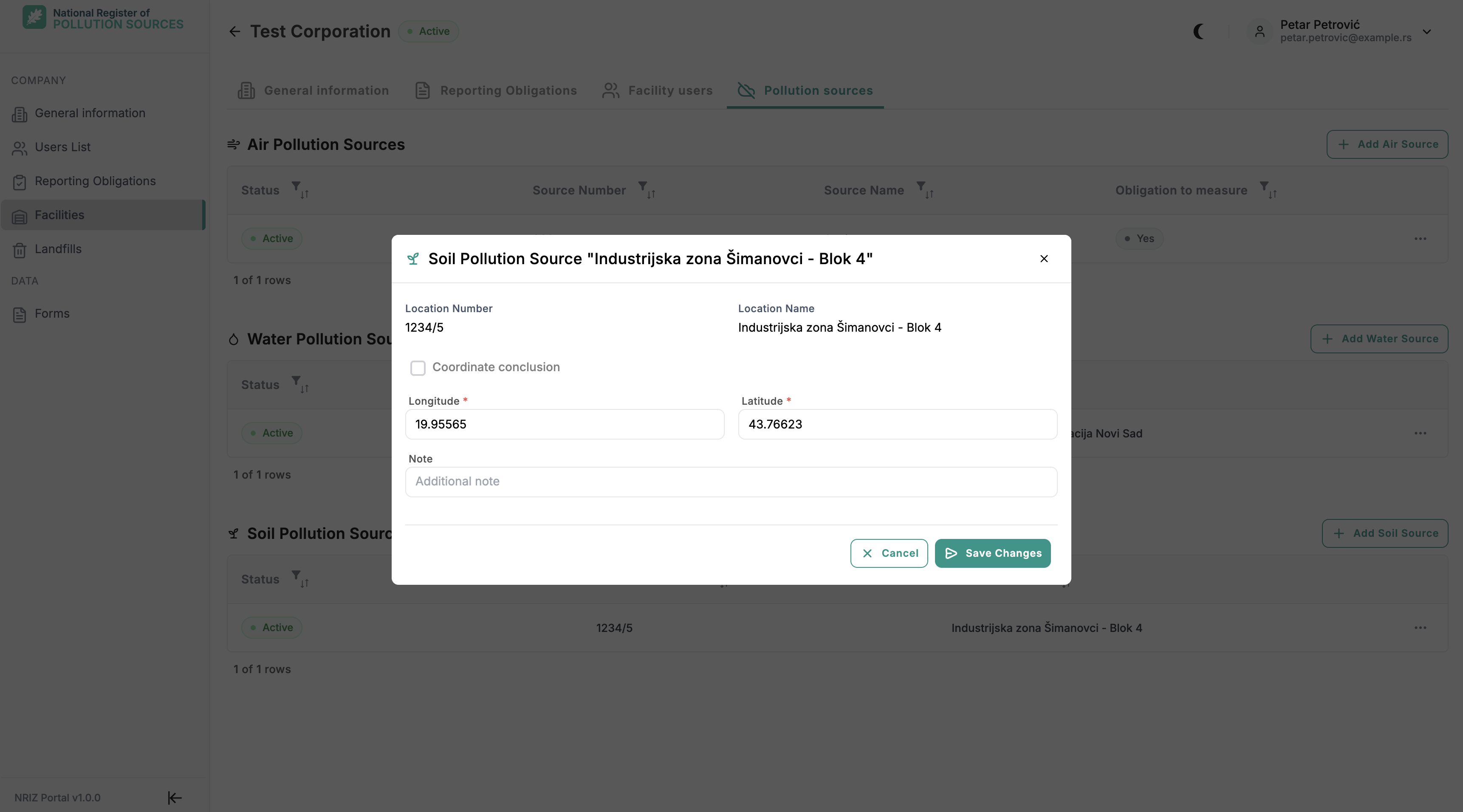 Soil pollution source edit form with Location Number and Location Name read-only after creation, and Coordinate conclusion unchecked so Longitude and Latitude remain editable.