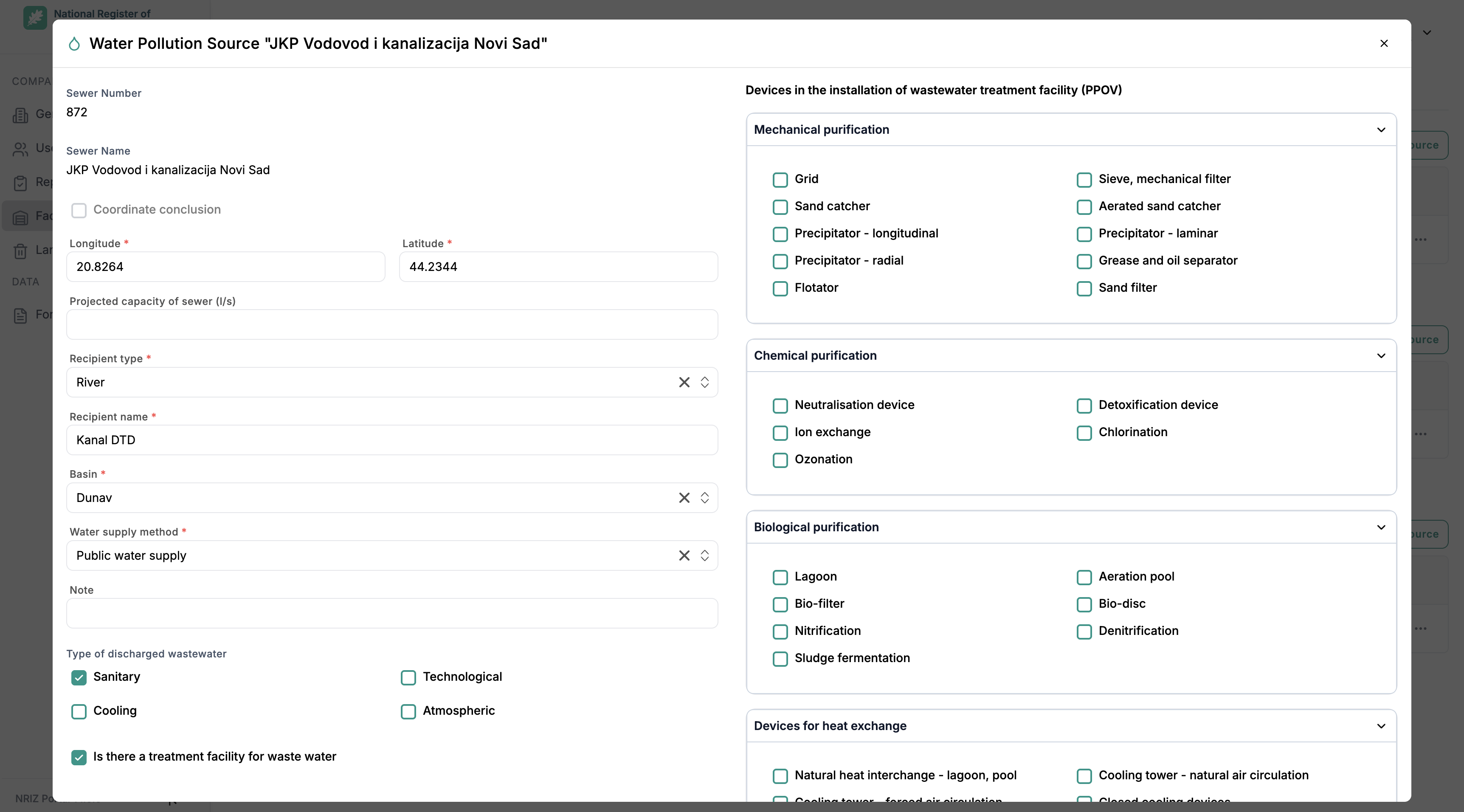 Water pollution source edit form with Sewer Number and Sewer Name read-only after creation, recipient and wastewater fields, and PPOV treatment device groups when a treatment facility is indicated.