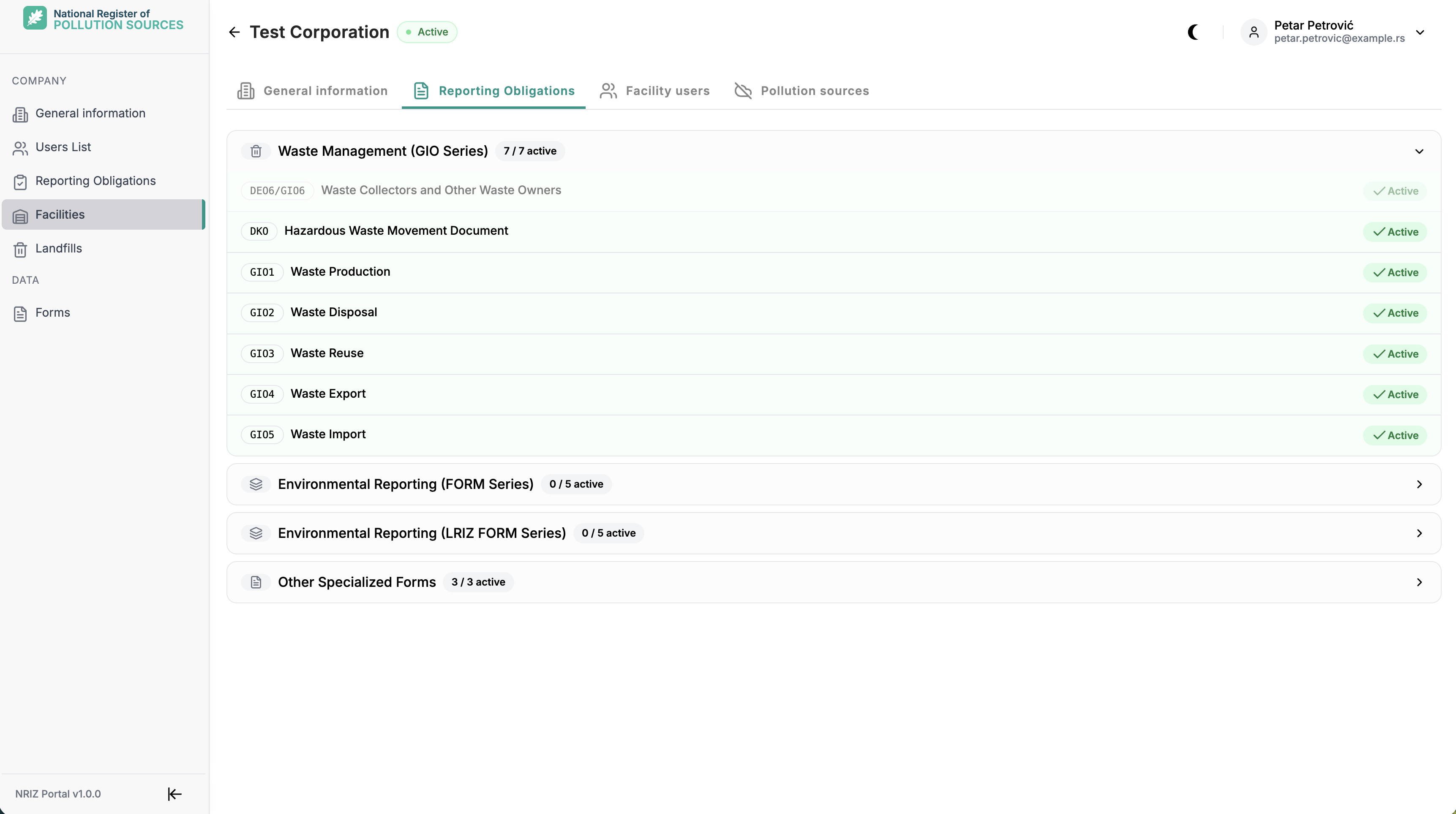 Facility detail Reporting obligations tab with grouped series (for example Waste Management GIO), form codes, obligation names, and Active status; no edit actions.