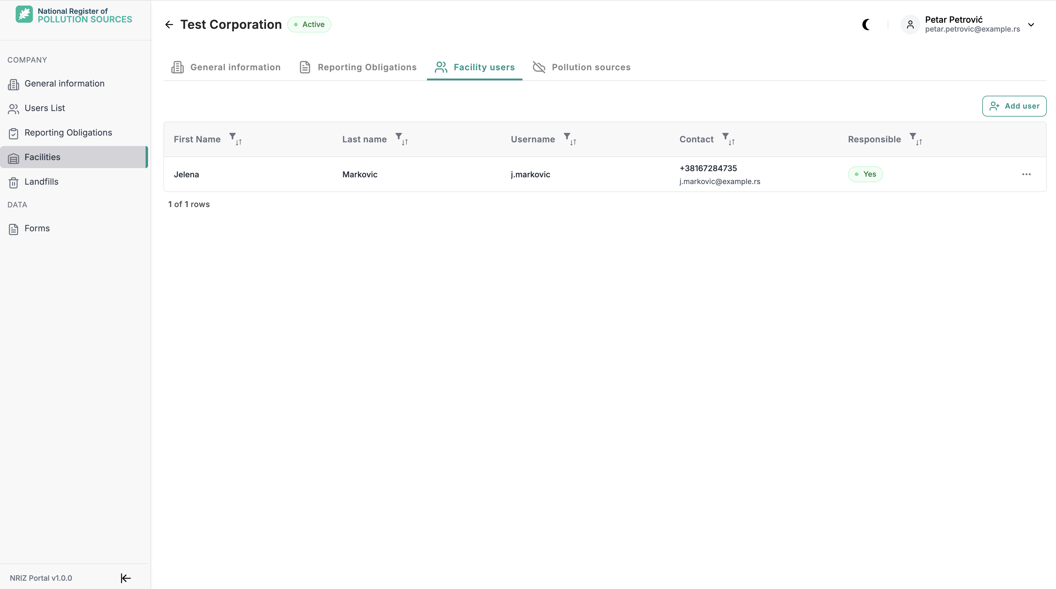 Facility users tab listing people with access to the facility, with Add user and a Responsible Yes badge where applicable.