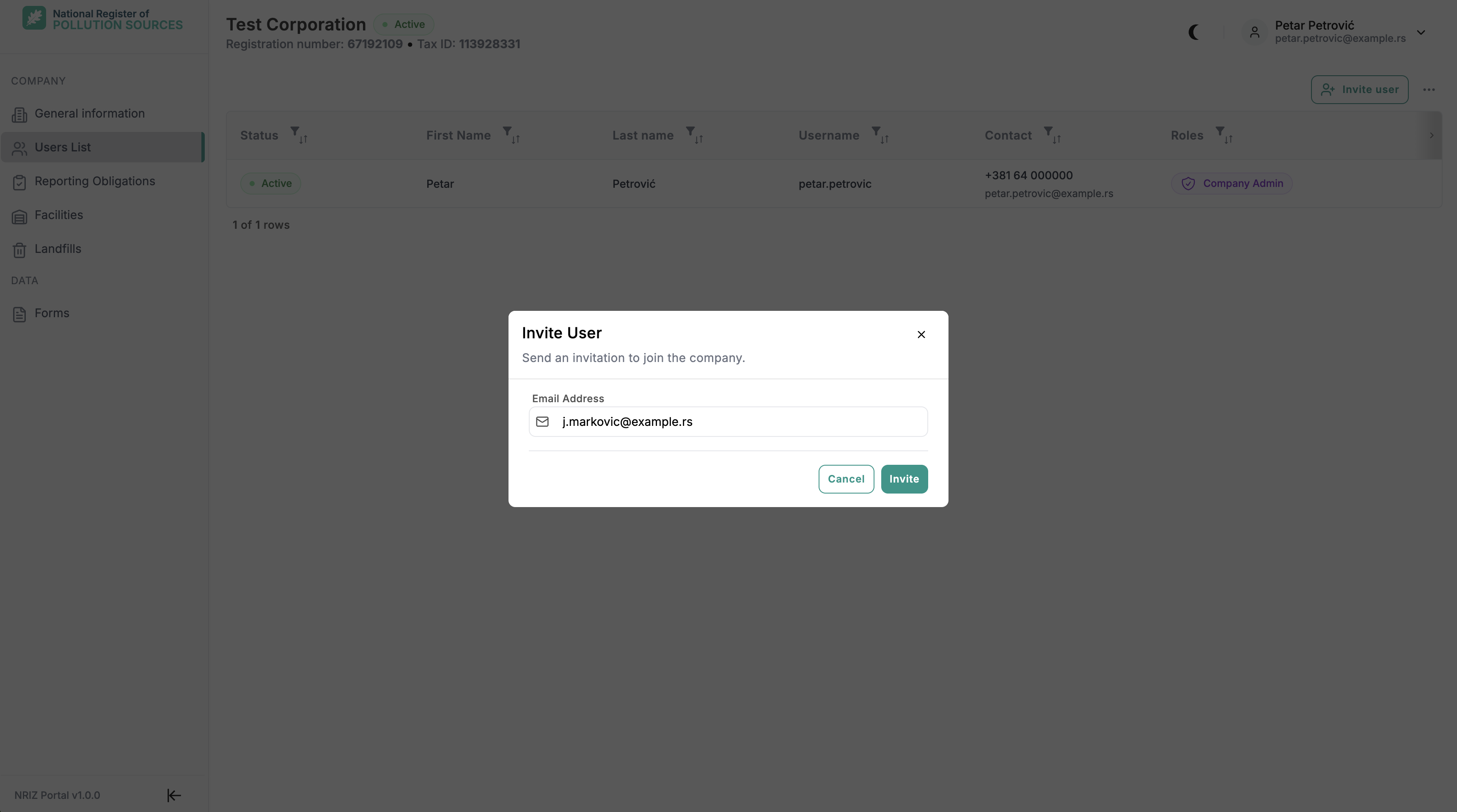 Invite User dialog with an Email Address field and Cancel and Invite actions.