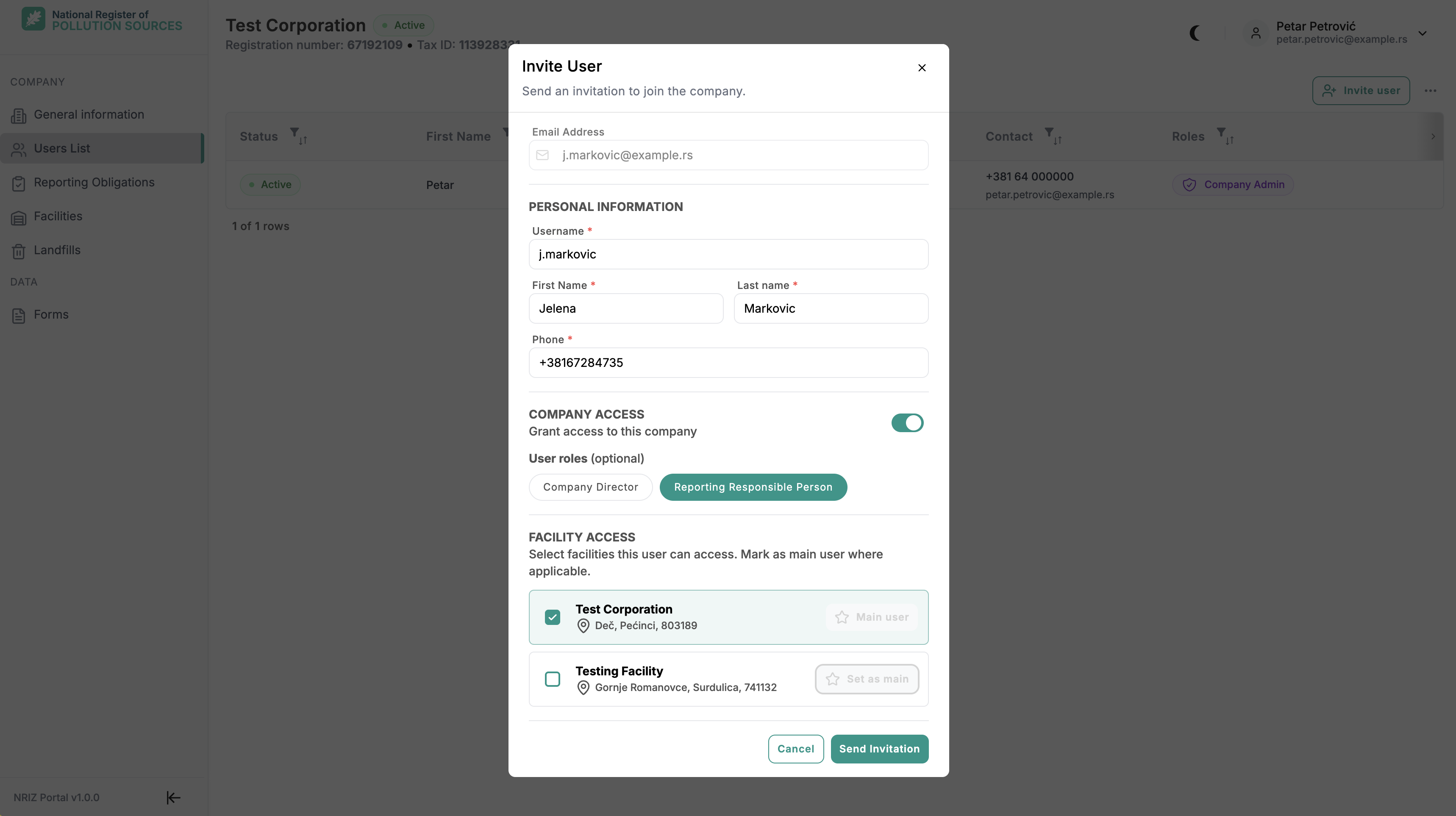 Invite User form for a person without an account, with required personal information, company access with optional roles, and facility access with a main user option.