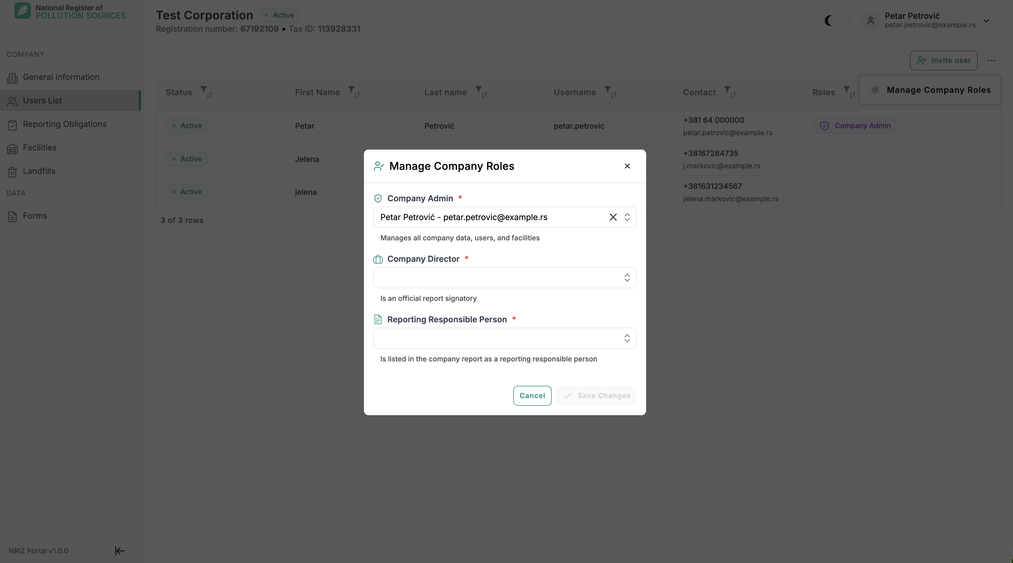 Users List with the page menu open on Manage Company Roles, and the Manage Company Roles dialog with selectors for Company Admin, Company Director, and Reporting Responsible Person.