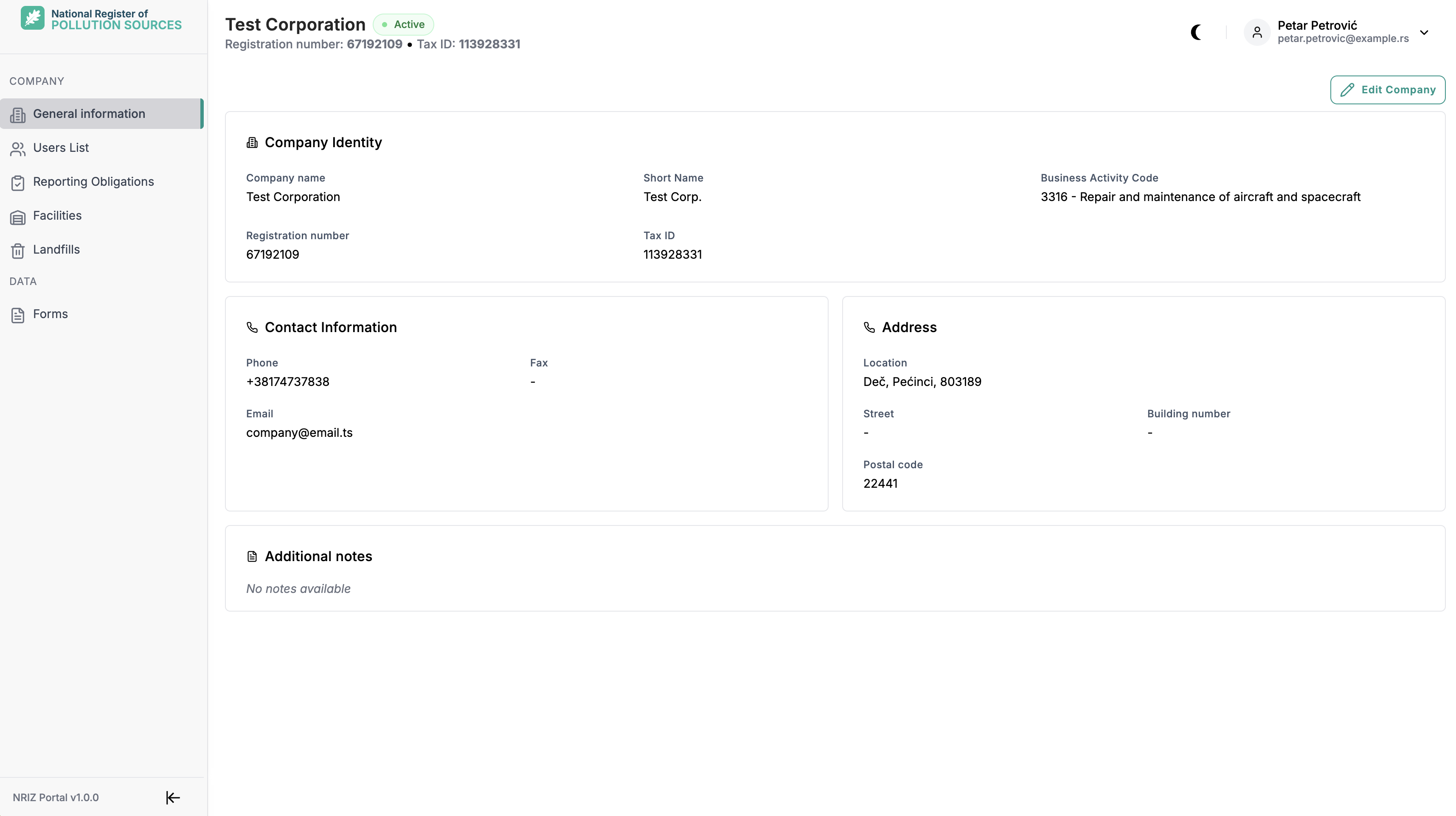 My company main screen in the portal with the company navigation and overview of company areas.