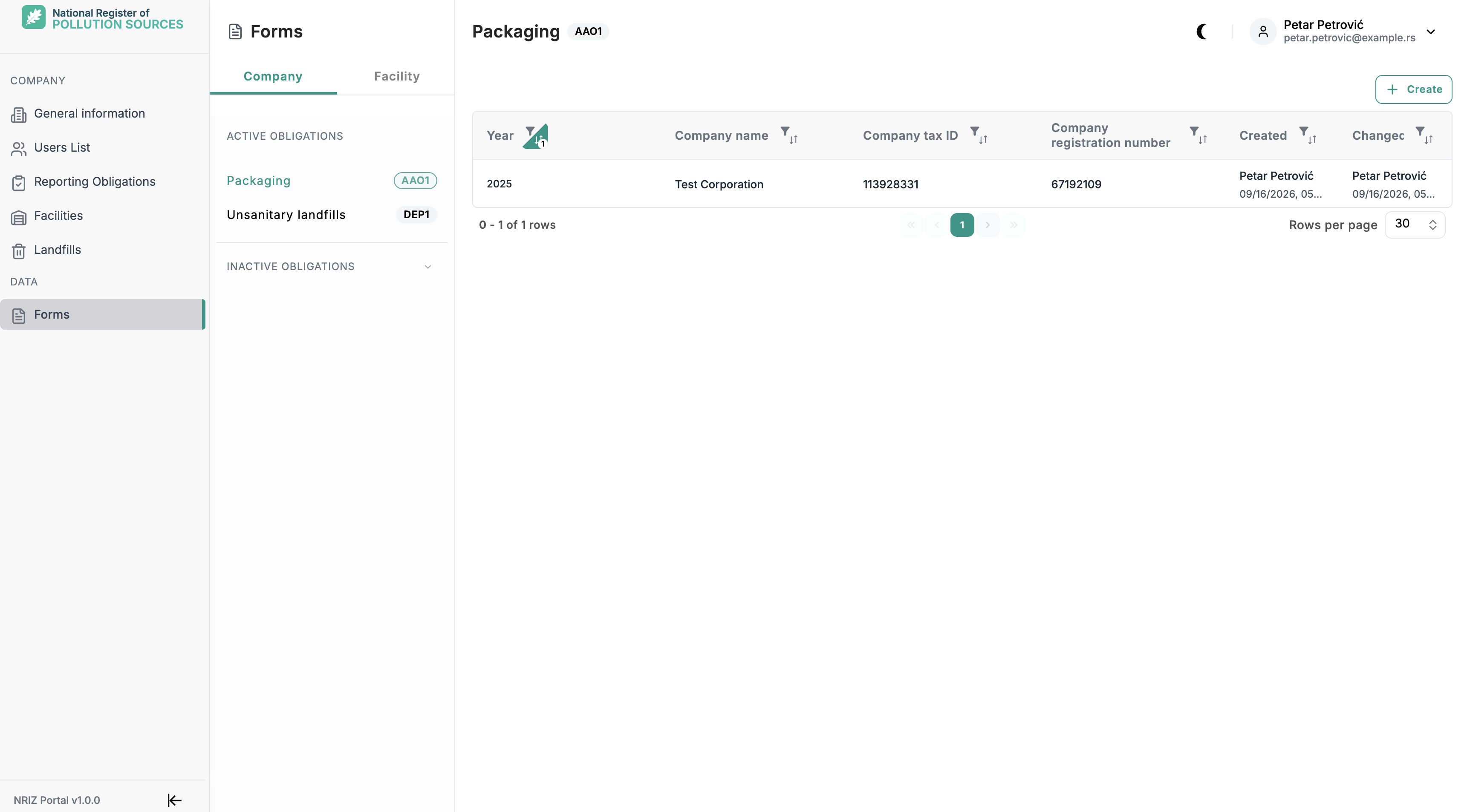 Forms area in the portal: Company and Facility tabs, the list of active obligations on the left, the selected form list with year and company columns, and Create.