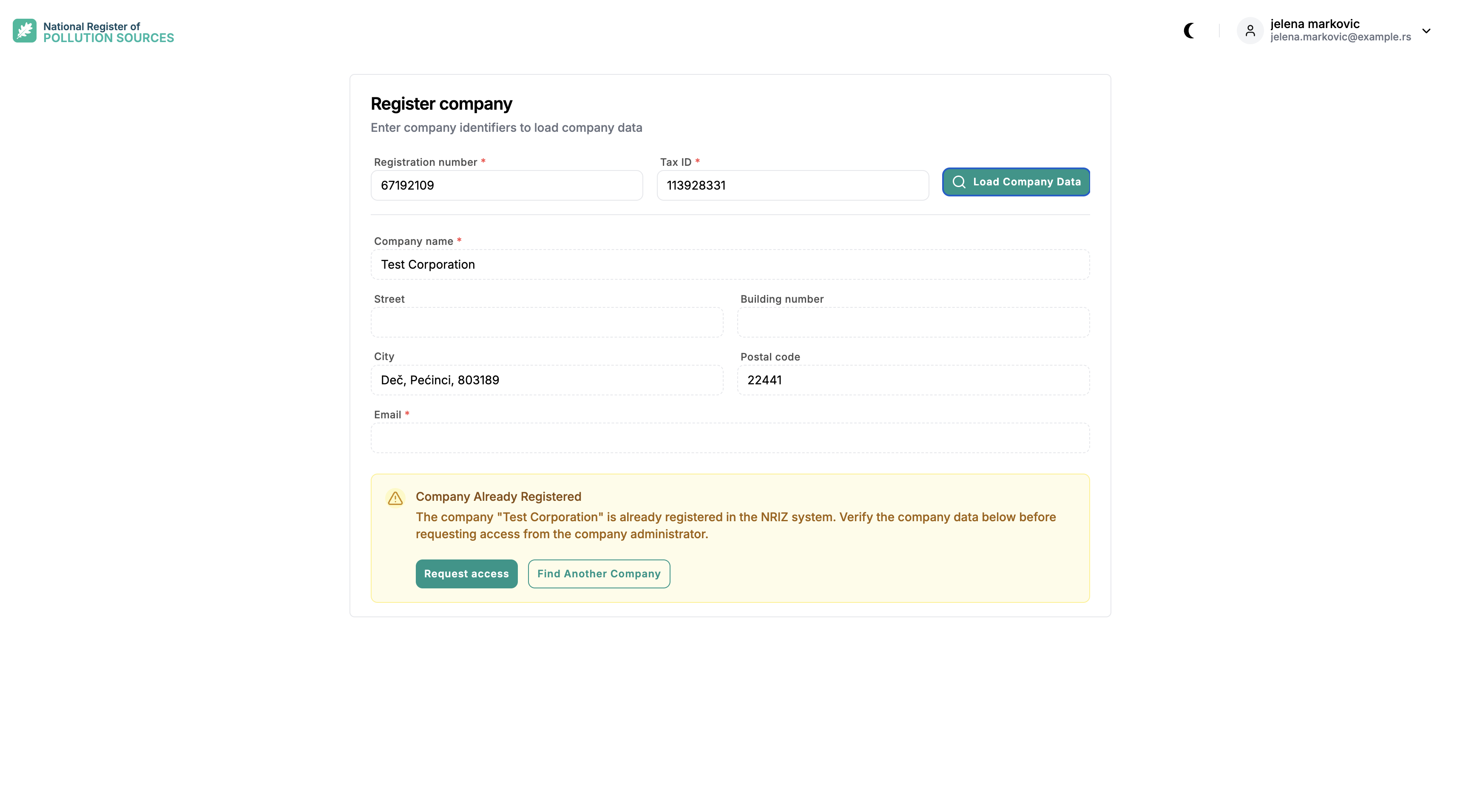 Register company screen with Company Already Registered warning, Request access, and Find Another Company.