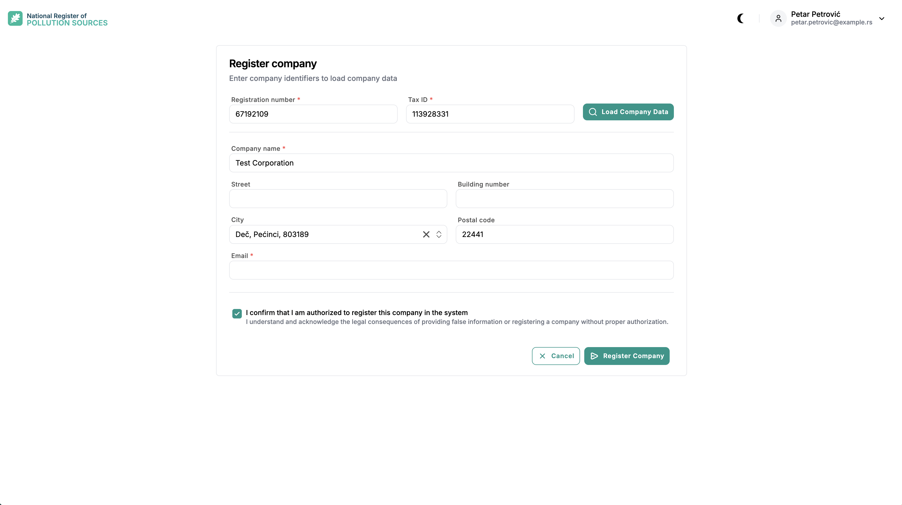 Company registration screen after a successful search, with company data loaded from APR, authorization checkbox, and Register Company button.