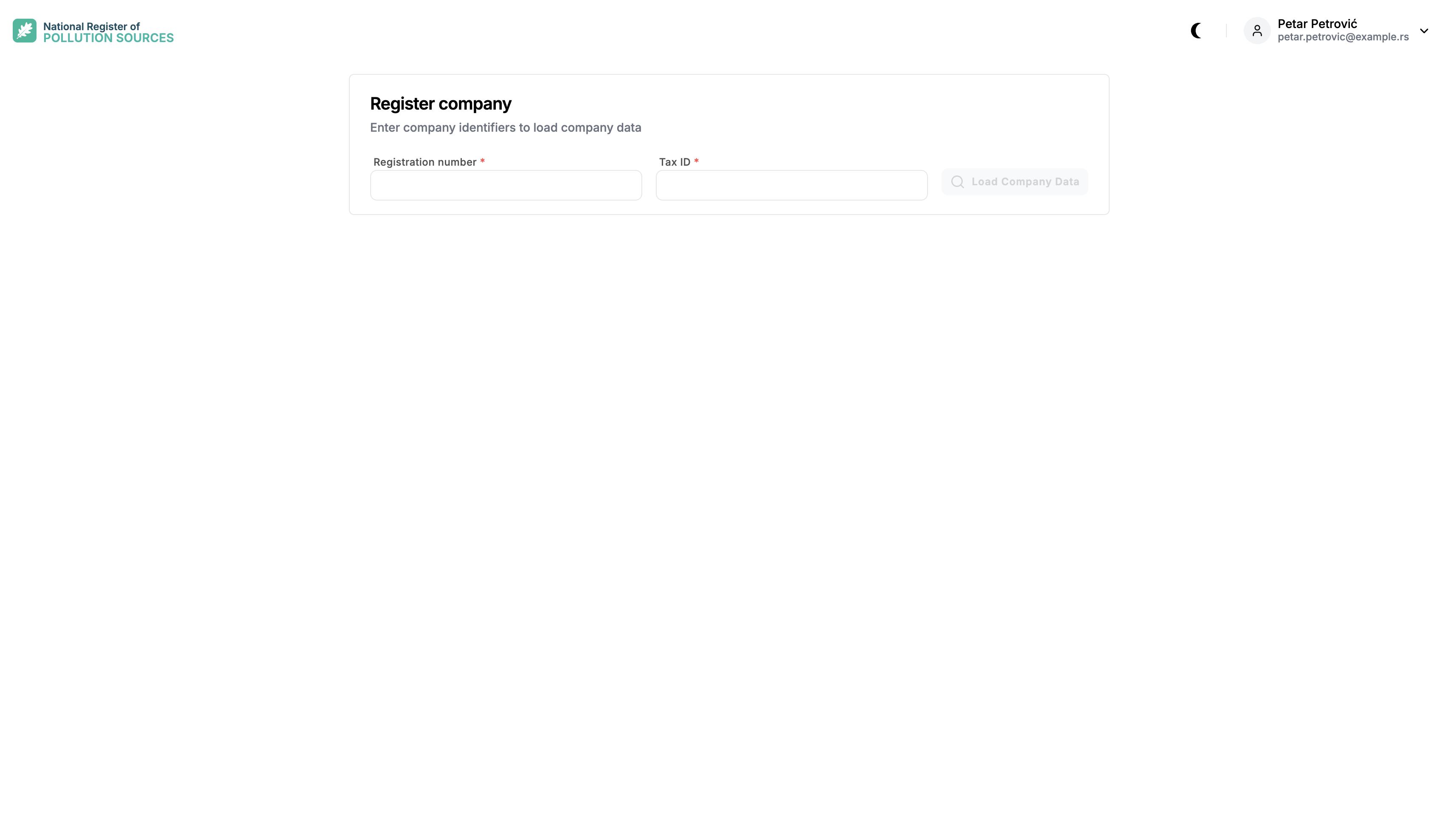 Register company screen with fields Registration number and Tax ID, and a Load Company Data button.