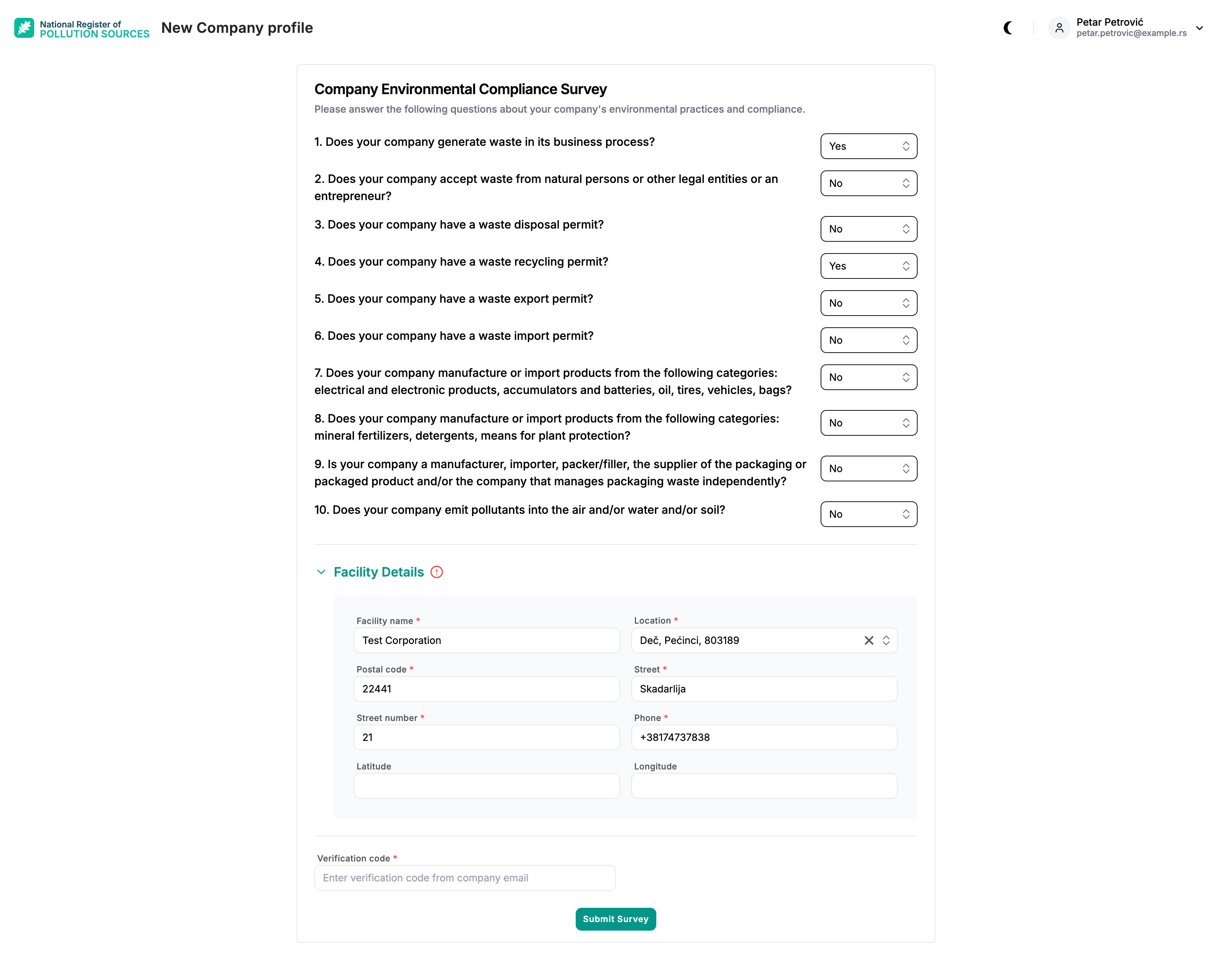 Company Environmental Compliance Survey with ten yes/no questions, optional Facility Details, a Verification code field, and Submit Survey.