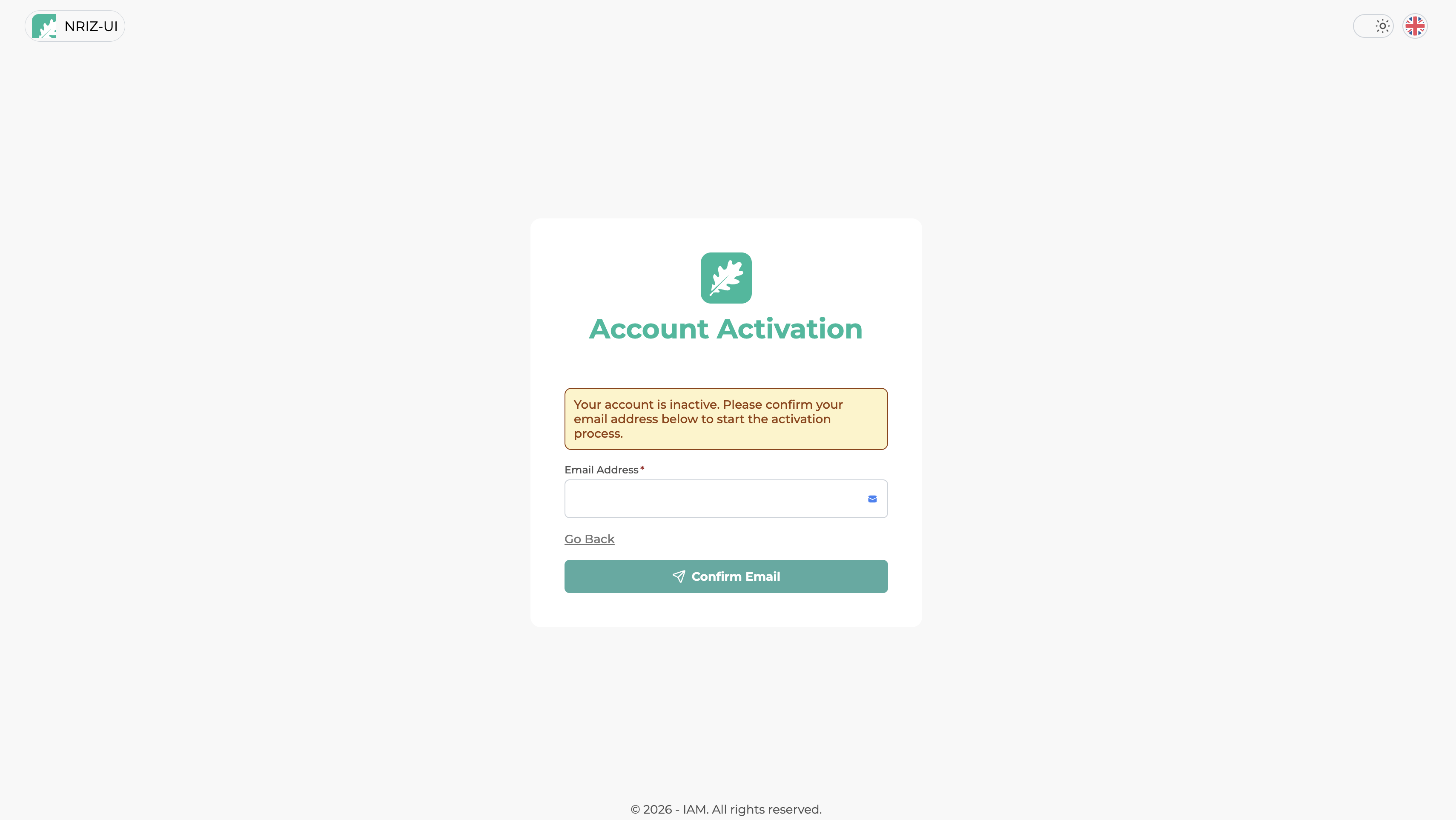 Account Activation screen with a note that the account is inactive and a field to confirm the email address.