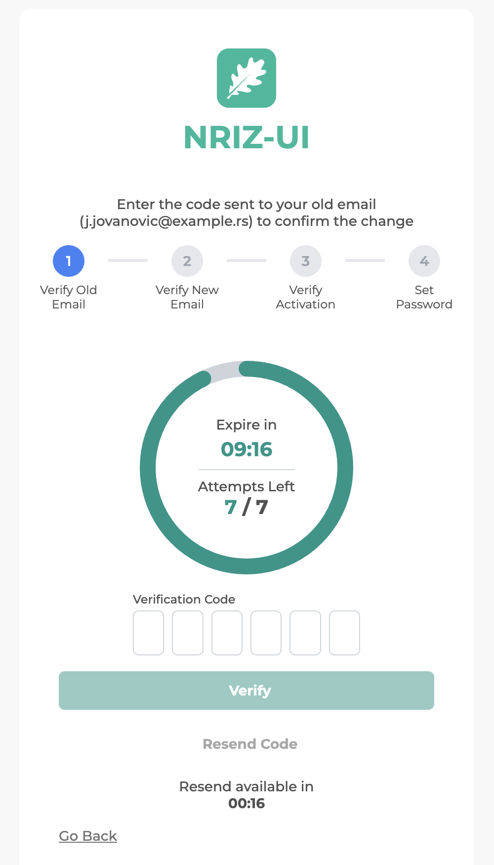 Verify Old Email step when a different email than on the original account is used.