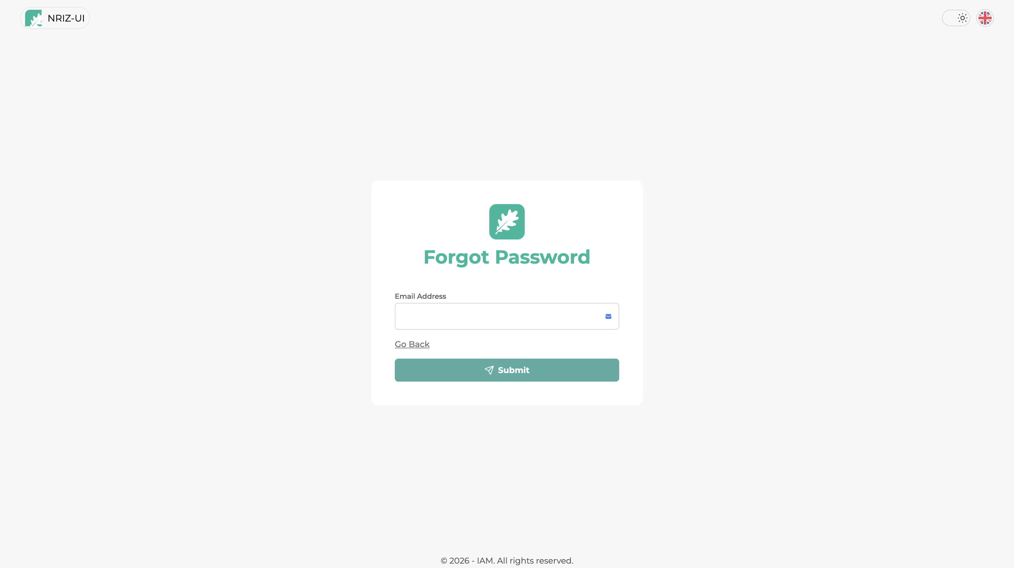 Forgot Password screen with an Email Address field and a Submit button.