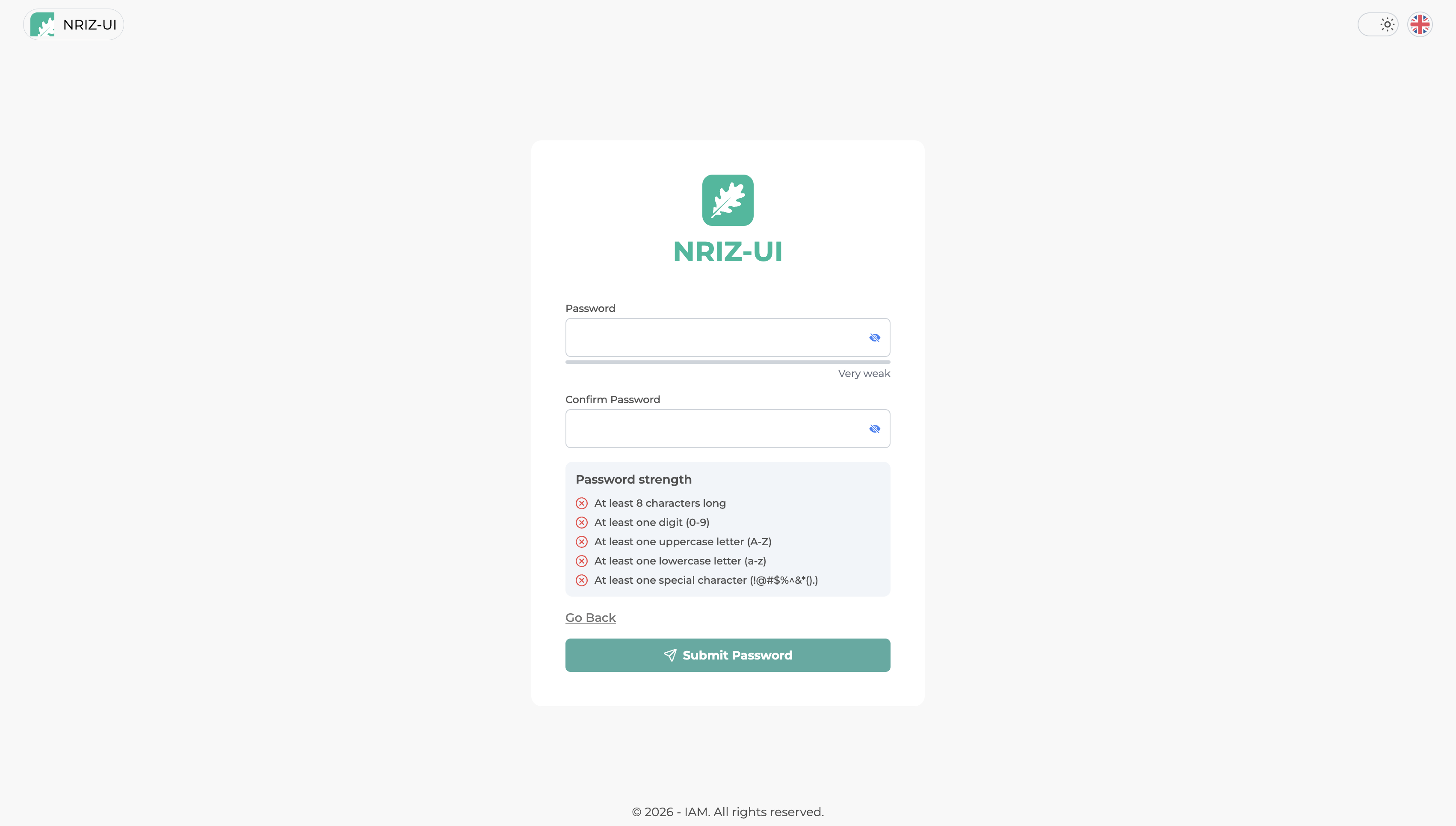 Screen for setting the account password.