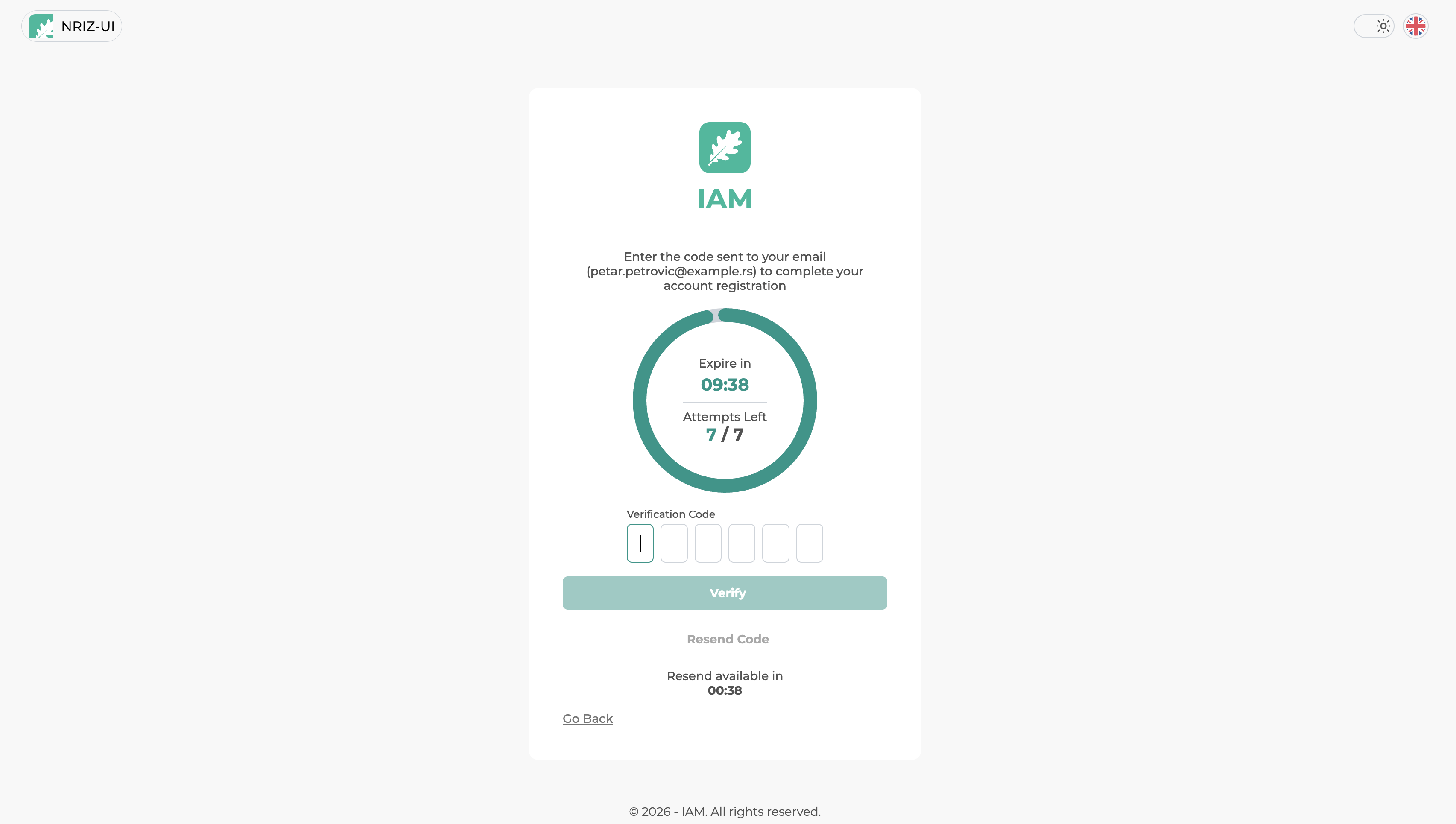 Screen for entering the email verification code.