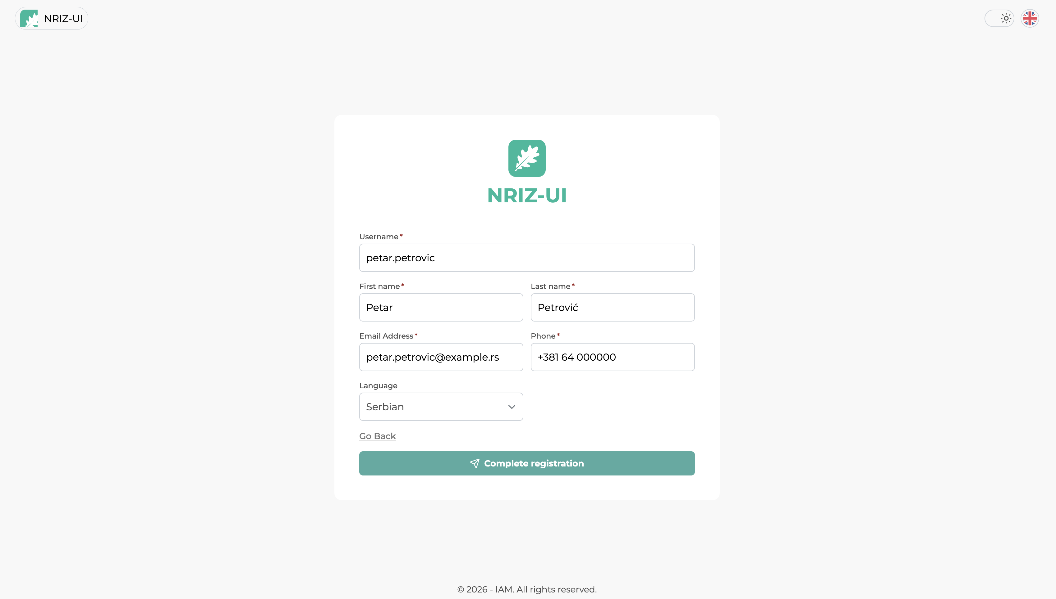 Registration form in NRIZ.