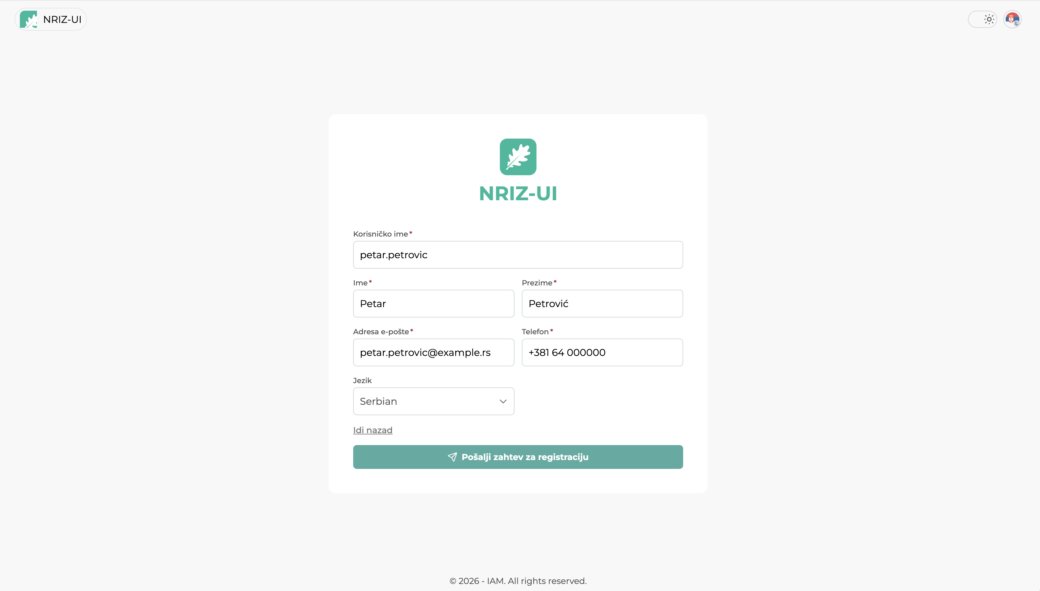 Формулар за регистрацију у NRIZ.